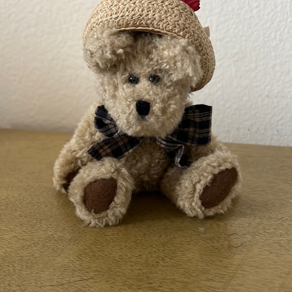 Boyds Bears 7 Inch Teddy Bear Red Flower Hat Blue Bowtie Tan
